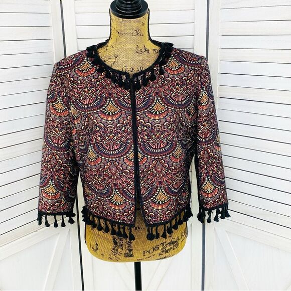 Chelsea & Violet Boho Brocade Jacquard Tassel Trim Crop Jacket Small - Picture 1 of 14